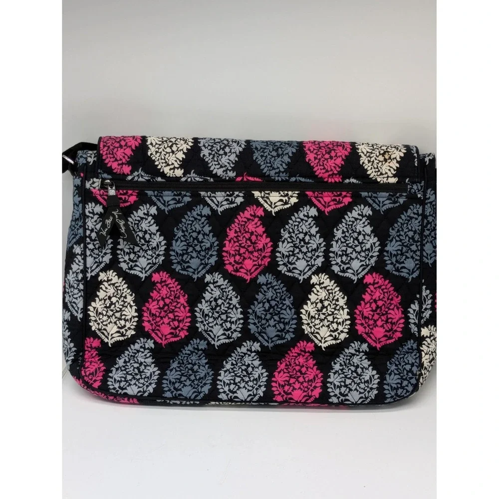 Vera Bradley Quilted Messenger Laptop Bag Pink Gray Black Floral 15x12x4